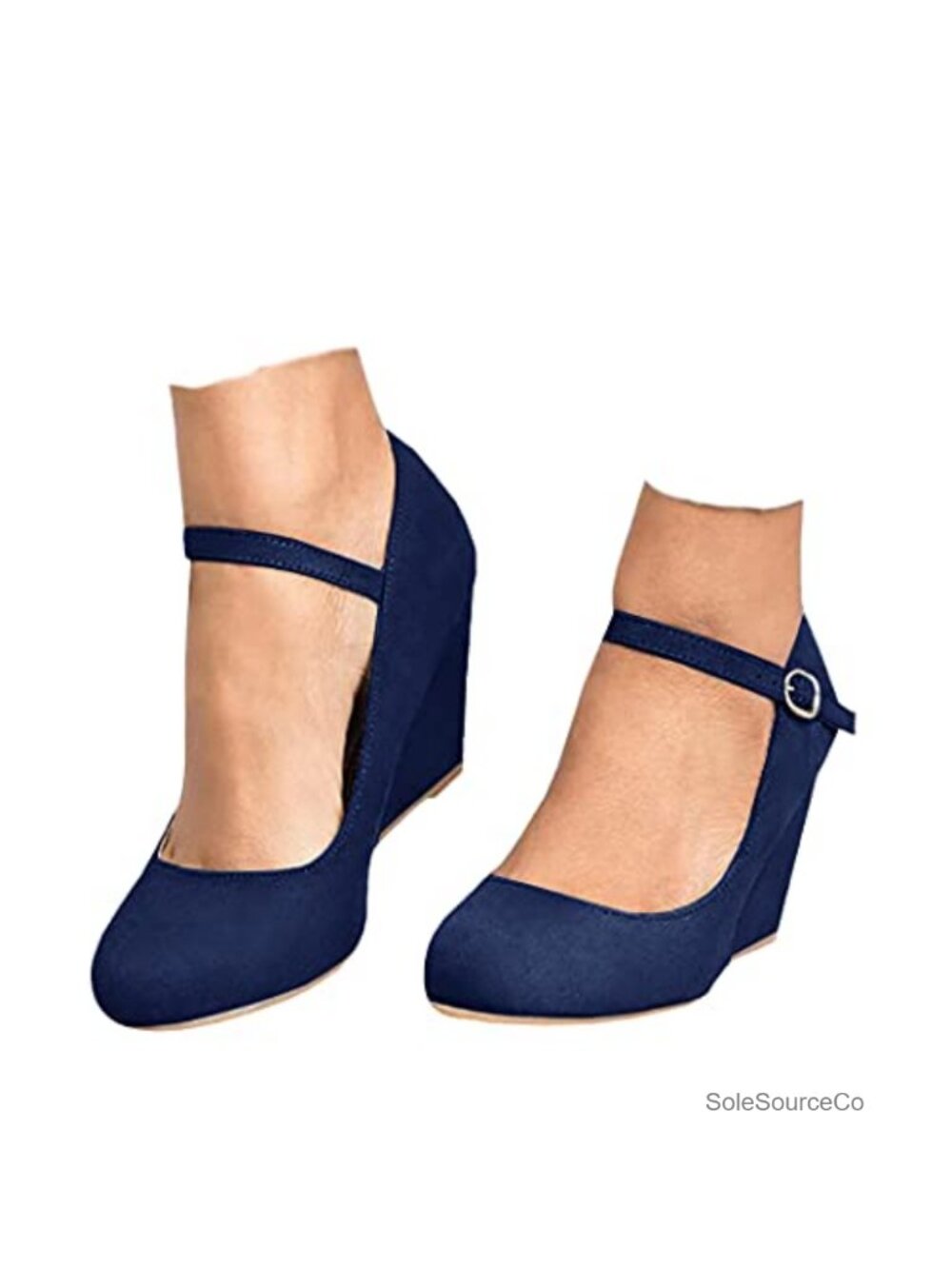 Women's Suede Wedge Mary Jane Pumps Ankle Strap Closed Toe Adjustable